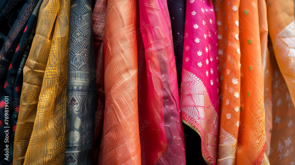 Poster a beautiful selection of colorful sarees with exquisite patterns and textures hangs in a local shop