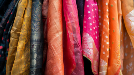 A beautiful selection of colorful sarees with exquisite patterns and textures hangs in a local shop