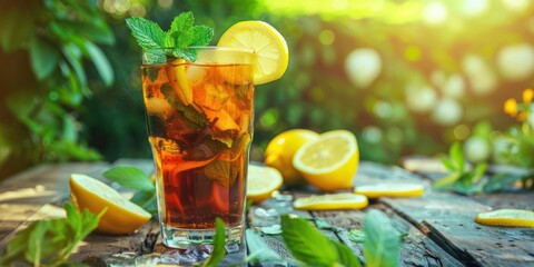 A tall glass of iced tea garnished with lemon wedges and fresh mint. 