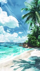 Tropical island beach, turquoise water, wide lens, sunny, watercolor paradise