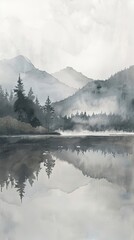 Early fog on a mountain lake, soft greys, wide angle, tranquil, watercolor serenity