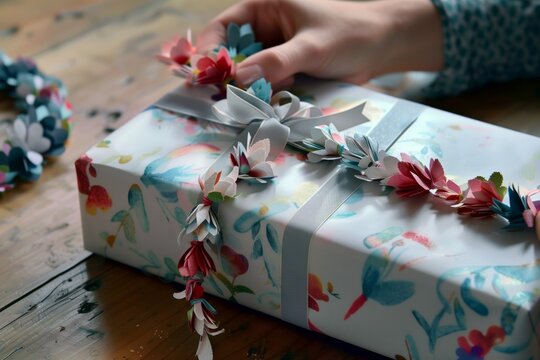 person wrapping a present with a paper garland ribbon
