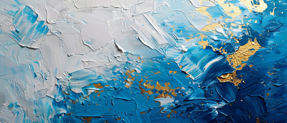 Expressive abstract texture composed of bold brush strokes in blue, white, and gold oil paint on canvas.