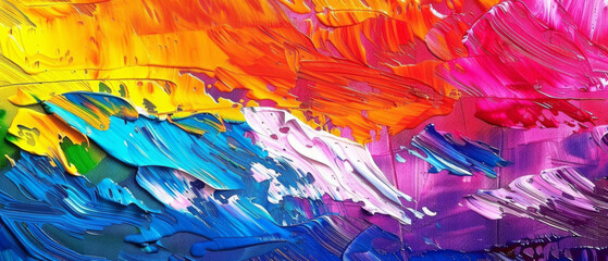 Vibrant and dynamic, this abstract painting boasts a rough texture and an explosion of multicolored rainbow hues. - obrazy, fototapety, plakaty