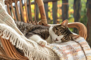 cat napping on wicker chair with blankets - obrazy, fototapety, plakaty