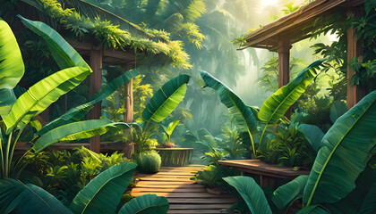 Obraz premium Abstract green floral elements banana leaves and plant with high quality detail of tropical on digital art concept.