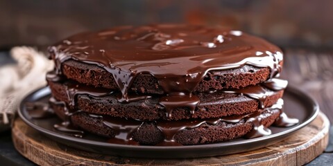 A decadent chocolate cake with glossy ganache frosting