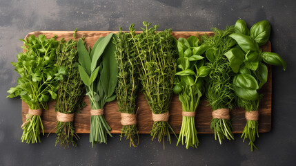 Assorted fresh garden herbs on a rustic wooden board for culinary seasoning.