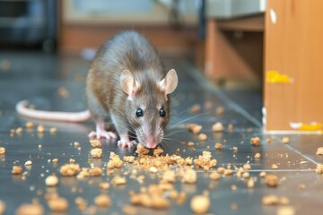 closeup of rat eating crumbs on kitchen floor