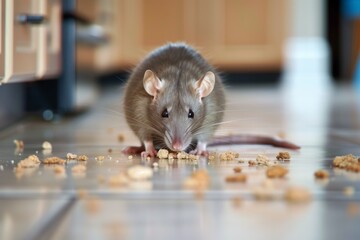 closeup of rat eating crumbs on kitchen floor - 769820241