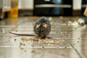 closeup of rat eating crumbs on kitchen floor - 769820245