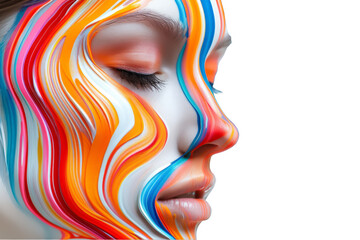 Artistically rendered female face profile with vivid multicolor swirls isolated on a black background