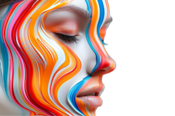 Artistically rendered female face profile with vivid multicolor swirls isolated on a black background