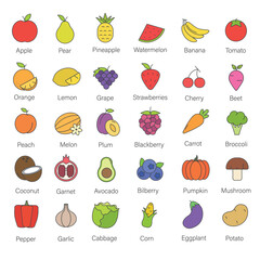Set of vegetables and fruits with names line icons illustration