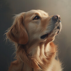 Golden Retriever looking up with trusting eyes, Focus on the texture of the fur and the shine in its eyes, Soft natural lighting from the side, Neutral background to enhance the dog's features