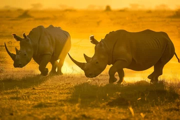 Zelfklevend Fotobehang rhinos casting long shadows in golden sunset © primopiano