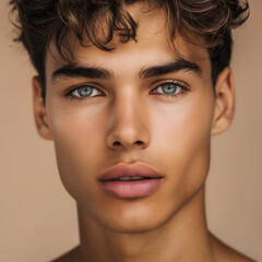 Young man showcasing perfect skin, Clean and clear, Soft studio lighting to highlight the skin's texture and tone, Neutral backdrop to keep focus on the complexion - obrazy, fototapety, plakaty