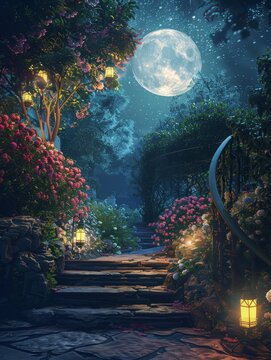 A bewitching moon casts its light on a flower-laden walkway, with lanterns adding warmth to the nocturnal garden scene.