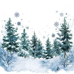 Obraz premium Winter wonderland with snowflakes and pine trees in watercolor, white background
