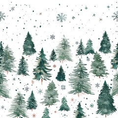 Winter wonderland with snowflakes and pine trees in watercolor, white background