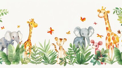 A cheerful watercolor decal showing a parade of jungle animals with Adventure Awaits on Your Birthday in a playful script - obrazy, fototapety, plakaty