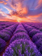 Obraz premium Golden sunset hues envelop a lush lavender field, creating an ethereal landscape with a majestic mountain backdrop.