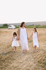 Naklejka na ściany i meble Mother and her two daughters in white summer dresses walking in the field. Happy motherhood concept. Family concept. Summer photoshooting. Holiday time