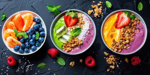 Colorful smoothie bowls topped with fresh fruits and granola. 