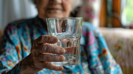An elderly woman drinks water.