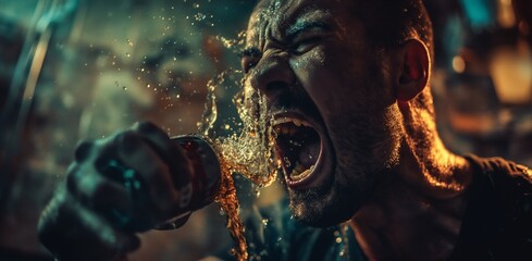 Fototapeta na wymiar A powerful emotion captured as water splashes against a shouting man's face, highlighting a moment of intensity.