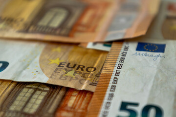 Photograph of the orange 50 euro banknote - obrazy, fototapety, plakaty