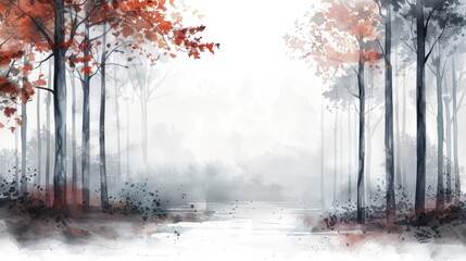 Forest in autumn mist, watercolor mystery and beauty with white background