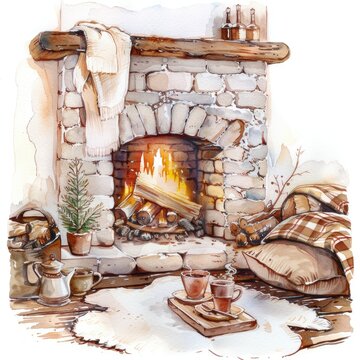 Cozy winter scene with hot cocoa and fireplace, watercolor painting on white
