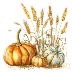 Golden autumn harvest with pumpkins and wheat sheaves, watercolor on white