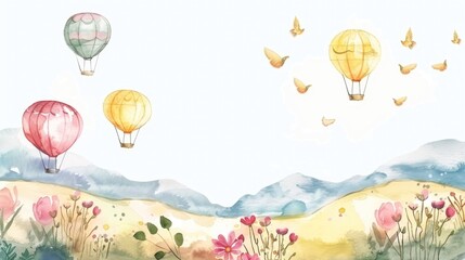 Fototapeta premium Hot air balloons over a summer landscape, watercolor adventure on white background