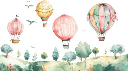 Hot air balloons over a summer landscape, watercolor adventure on white background