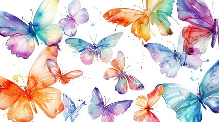 Spring butterfly migration, colorful watercolor wings flutter on a white background