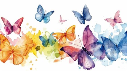Spring butterfly migration, colorful watercolor wings flutter on a white background