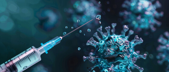An impactful illustration depicts a needle syringe piercing through a virus, representing the active approach in medical interventions against infections. - obrazy, fototapety, plakaty
