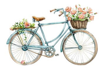 Fototapeta na wymiar Springtime watercolor bicycle with a basket of flowers, charming and light on white