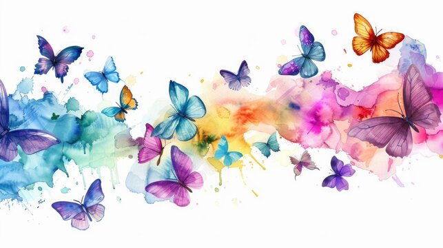 Fototapeta Spring butterfly migration, colorful watercolor wings flutter on a white background