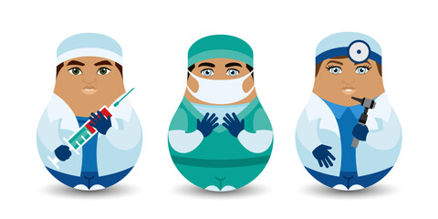 A set of three the Tilting Toy. Medical staff: doctor, ent-doctor, anesthesiologist. Design tilting toy. Modern kawaii dolls for your business project