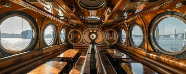 Classic space ferry, wood-paneled interior, viewing decks for star gazing - obrazy, fototapety, plakaty