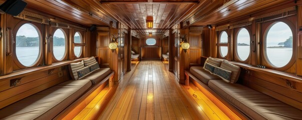 Classic space ferry, wood-paneled interior, viewing decks for star gazing