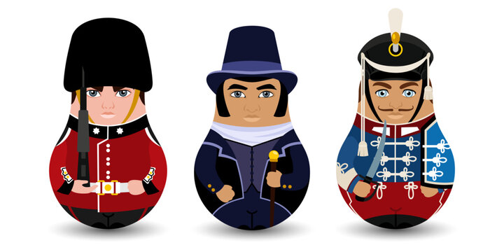 A set of three Tilting Toys with tall hats. The Guardsman. The gentleman. The Hussar. Design tilting toy. Modern kawaii dolls for your business project