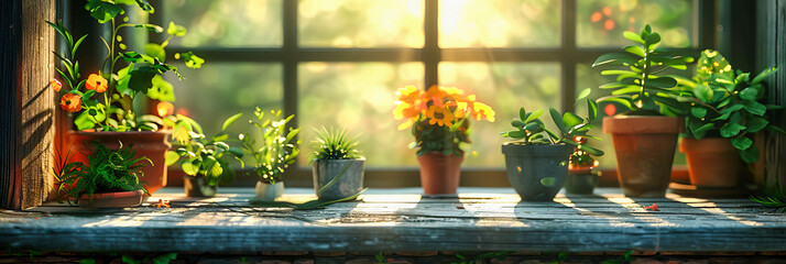 Fototapeta na wymiar Sunny Windowsill with Vibrant Flowers and Greenery, Adding Color and Life to the Interior