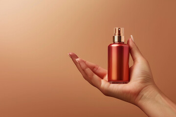 Hand presenting luxury elegant skincare product bottle against a soft rose gold isolated solid background, conveying elegance and femininity,