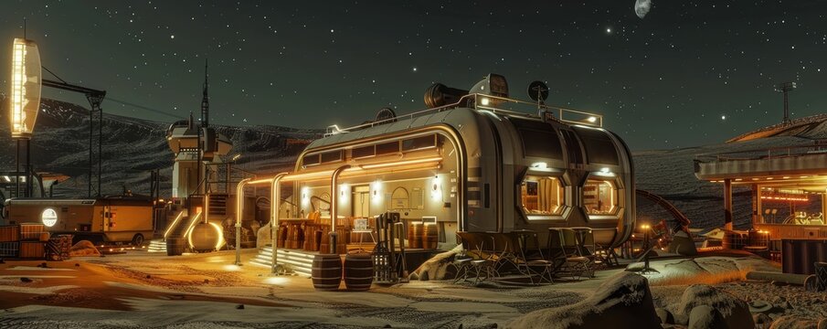 Old-fashioned asteroid mining camp, space prospectors, saloon for off-duty relaxation