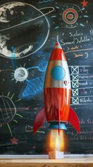 Old-fashioned space academy, cadets training in retro rockets, chalkboard equations