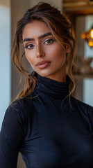 Fototapeta premium Portrait of a diverse woman with a captivating look in a residential setting